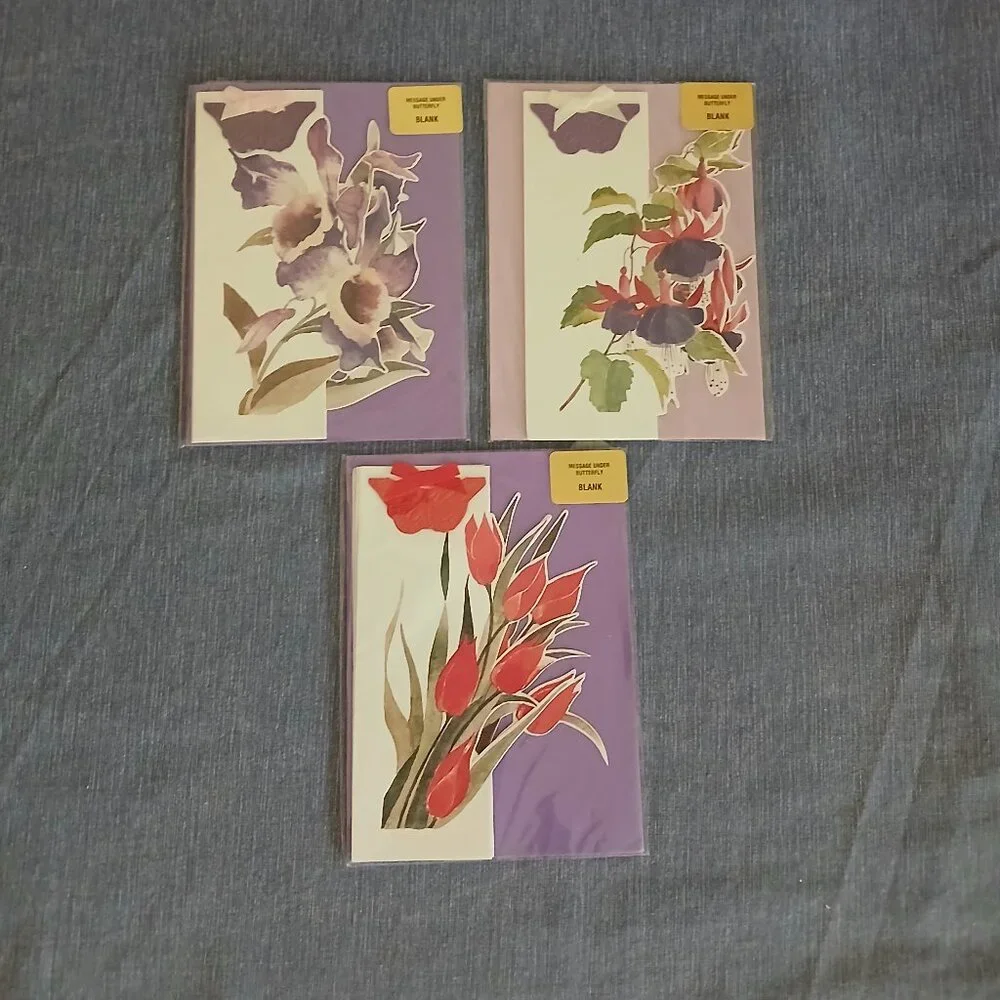 Second Nature Floral Greeting Cards: Message under butterfly Blank New x 3
